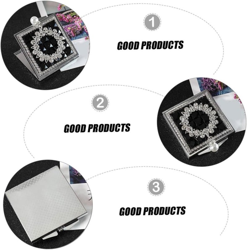 Portable Double Sided Small Square Metal Makeup Mirror with Pearl Pendant Handheld Compact Vanity Mirror for Travel and Everyday Touch Ups Black Foldable Design - Image 5