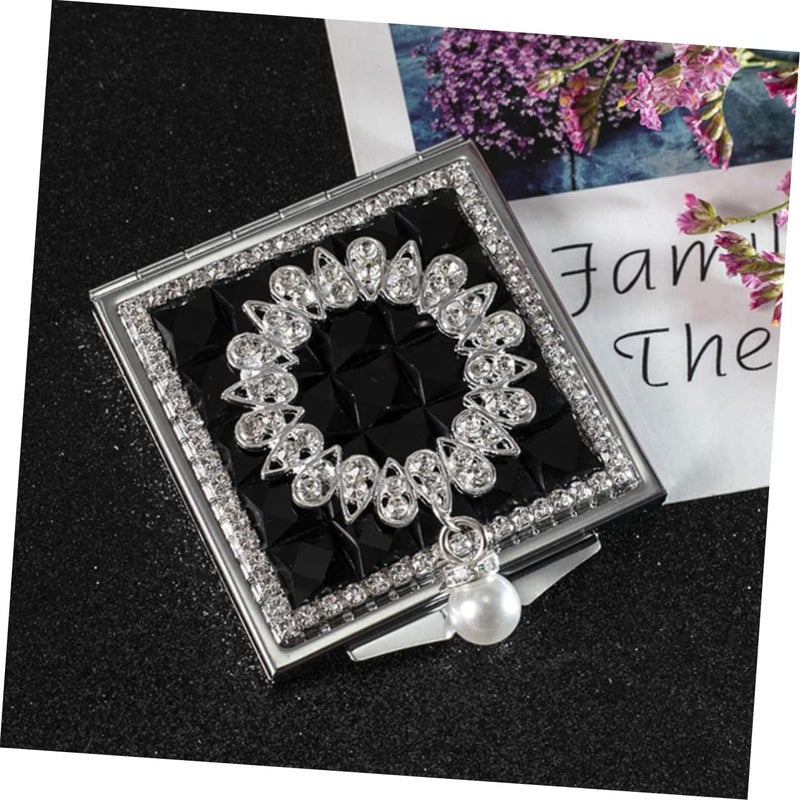 Portable Double Sided Small Square Metal Makeup Mirror with Pearl Pendant Handheld Compact Vanity Mirror for Travel and Everyday Touch Ups Black Foldable Design - Image 3