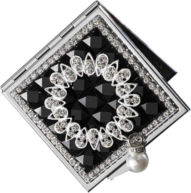Portable Double Sided Small Square Metal Makeup Mirror with Pearl Pendant Handheld Compact Vanity Mirror for Travel and Everyday Touch Ups Black Foldable Design - Image 1