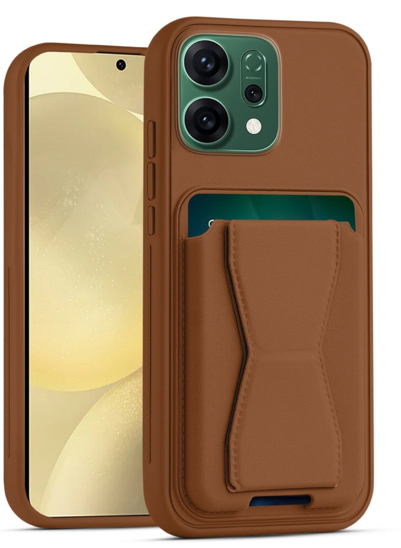 غطاء خلفي من الجلد مع محفظة بطاقات، جراب قابل للطي ومقاوم للصدمات متوافق مع هاتف Oppo Reno 14 (بني)