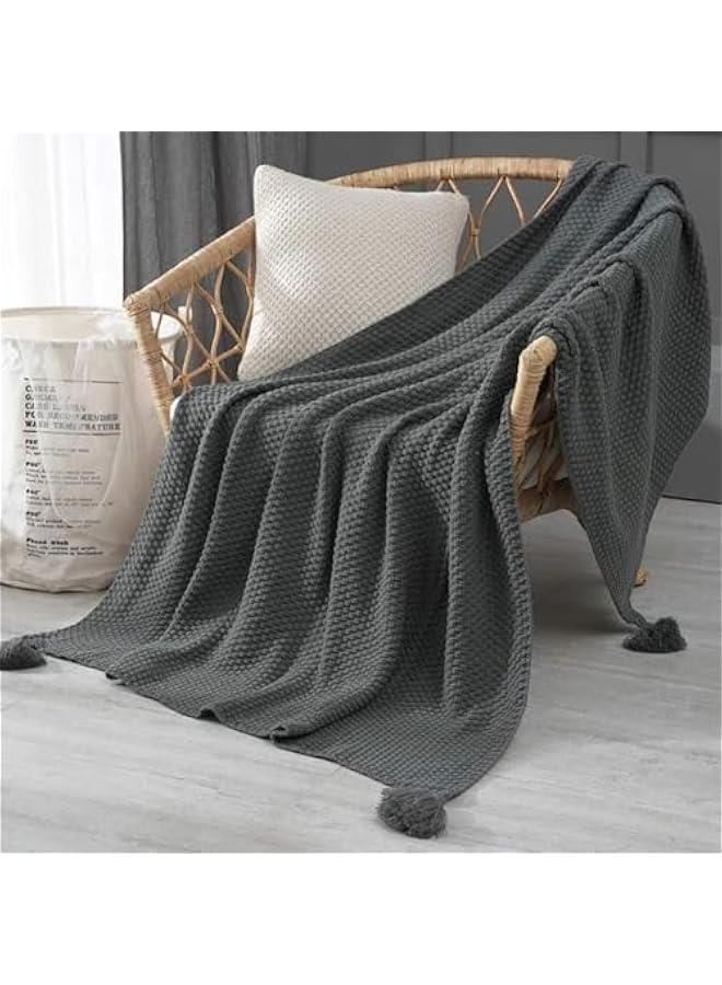 HOOKOR Knitted Throw Blankets, Cozy Lightweight Decorative Throw, Warm Woven Blanket with Tassels for Couch Sofa, Bed and Living Room, All Seasons Suitable for Women, Men and Kids (Grey, 120X150cm) - Image 1