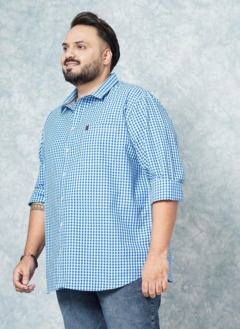 HardSoda Plus Size Blue Checked Cotton Blend Shirt - Image 3