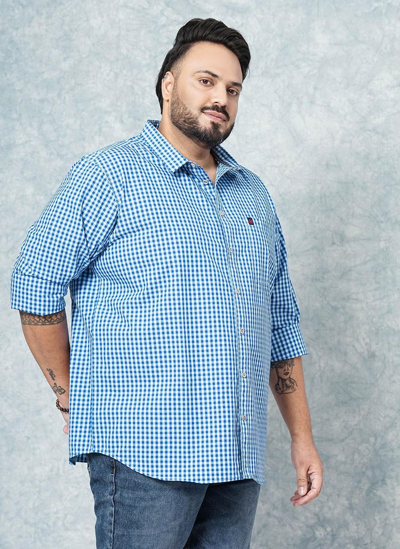 HardSoda Plus Size Blue Checked Cotton Blend Shirt - Image 4