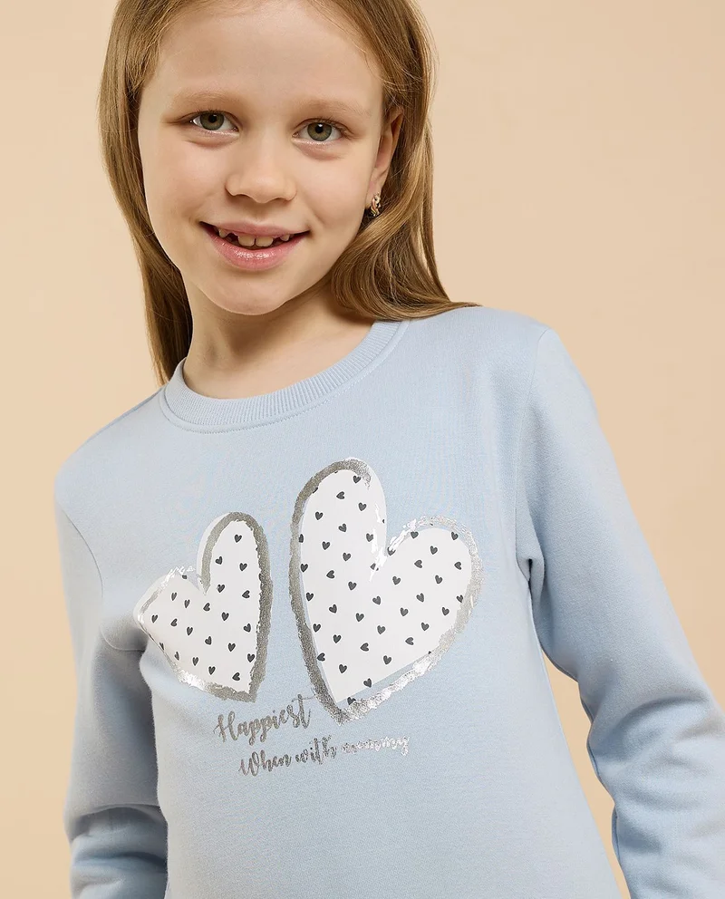أر أند بي Graphic Print Sweatshirt with Crew Neck and Long Sleeves