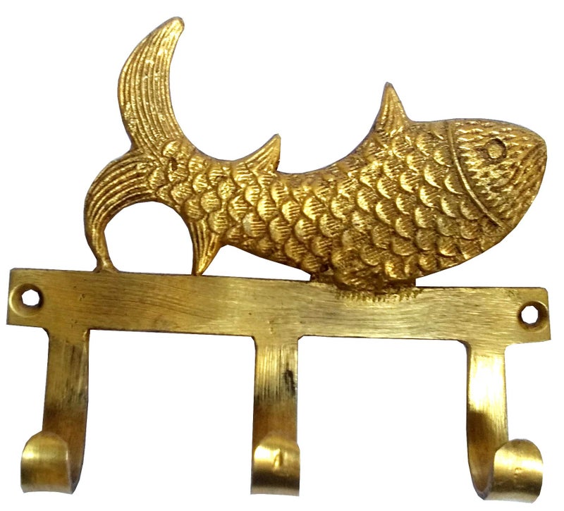 Purpledip Brass Wall Hooks 'Fishy Affair': Vintage Design Decorative Hanger (11821) - Image 1