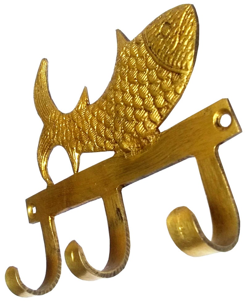 Purpledip Brass Wall Hooks 'Fishy Affair': Vintage Design Decorative Hanger (11821) - Image 4