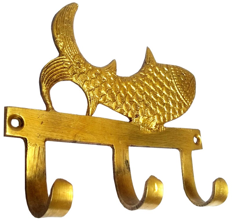 Purpledip Brass Wall Hooks 'Fishy Affair': Vintage Design Decorative Hanger (11821) - Image 3