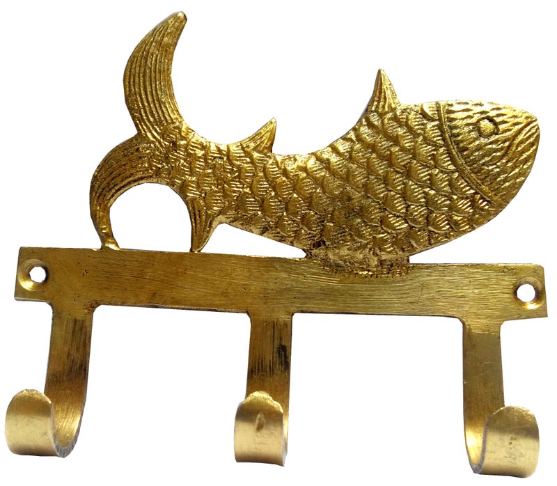 Purpledip Brass Wall Hooks 'Fishy Affair': Vintage Design Decorative Hanger (11821) - Image 2