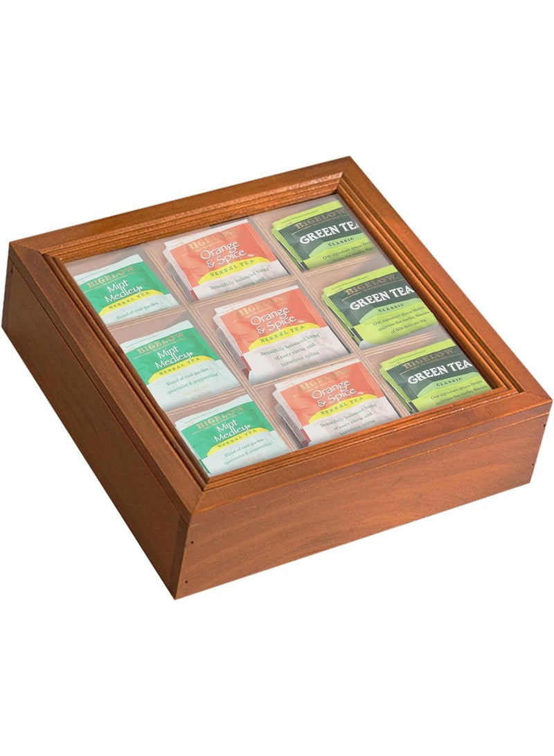 Tea bag organizer made of wood, a wooden tea box with 9 compartments and a transparent acrylic window cover; a multi-functional tea bag holder and storage box; a natural wooden storage box for tea lovers. - Image 1