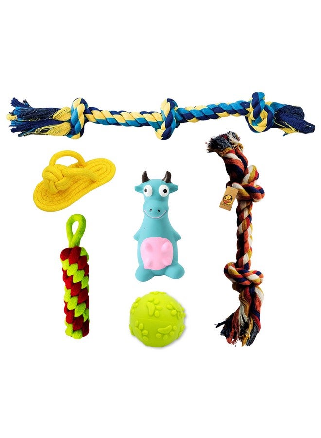 Generic 6 In 1 Squeaky And Chew Rope Dog Toy Combo - (2Knot Rope + 3Knot Rope + Slipper + Corn Stick + Claw Ball + Blue Bull) | Chewing, Playing, & Teething For Small Dogs And Puppies  - Image 1