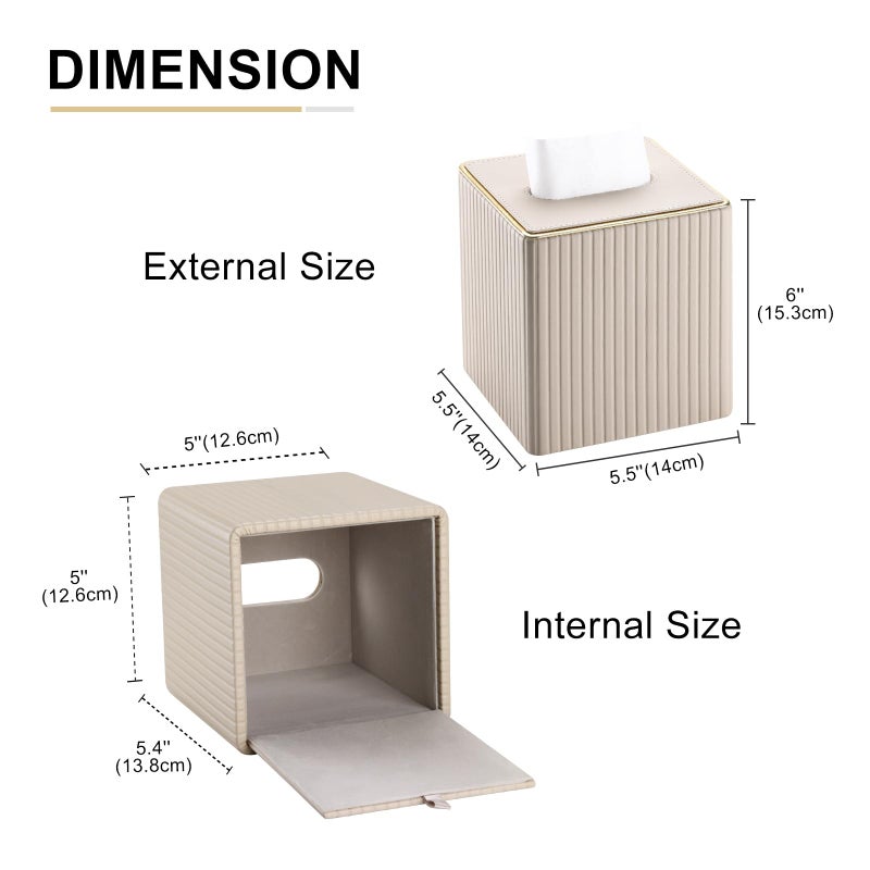 KINGFOM Square Tissue Box Cover, PU Leather Tissue Box Holder for Kleenexs with Magnetic Bottom Cover for Facial Tissues/Napkins, Office & Living Room Decor Box Beige - Image 3
