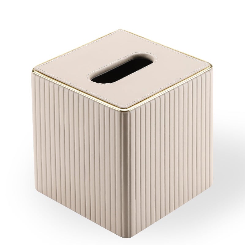 KINGFOM Square Tissue Box Cover, PU Leather Tissue Box Holder for Kleenexs with Magnetic Bottom Cover for Facial Tissues/Napkins, Office & Living Room Decor Box Beige - Image 2