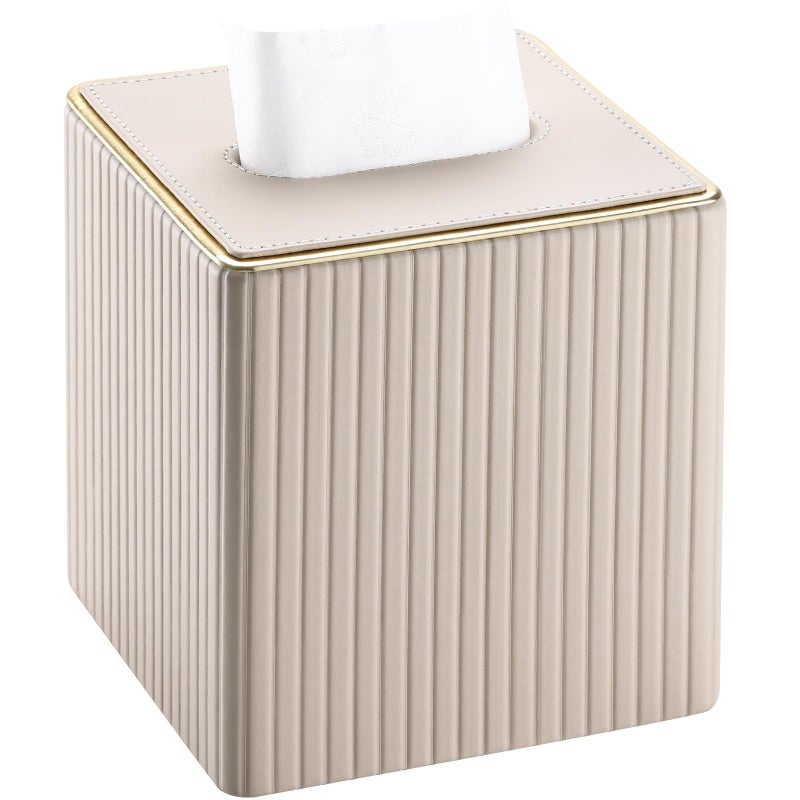 KINGFOM Square Tissue Box Cover, PU Leather Tissue Box Holder for Kleenexs with Magnetic Bottom Cover for Facial Tissues/Napkins, Office & Living Room Decor Box Beige - Image 1