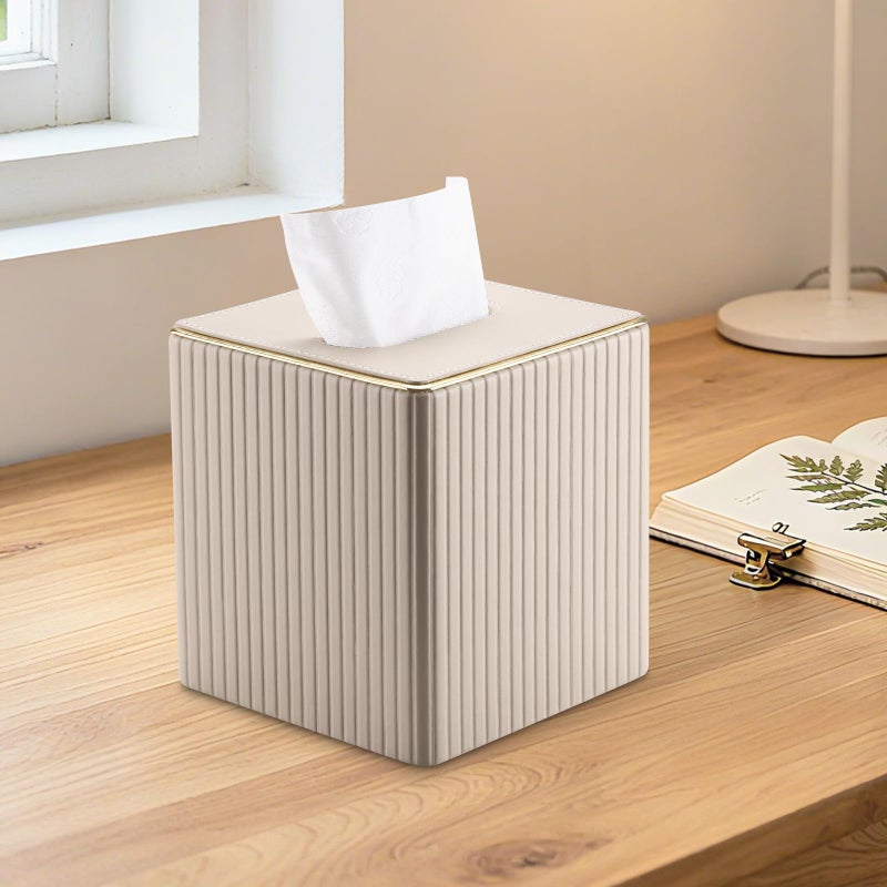 KINGFOM Square Tissue Box Cover, PU Leather Tissue Box Holder for Kleenexs with Magnetic Bottom Cover for Facial Tissues/Napkins, Office & Living Room Decor Box Beige - Image 5