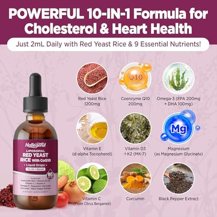Hollegend Liposomal Red Yeast Rice with CoQ10 Liquid Drops, Organic Red Rice Yeast Extract with Citrus Bergamot,Omega-3,Magnesium Glycinate, Vitamin D3 K2,Vegan,Natural Blueberry Flavor,2 FL OZ - Image 3