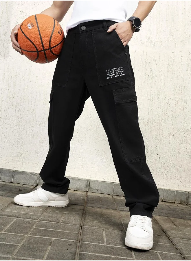 هوبرهولمي Men's Black 100% Cotton Bleached Full Length Tapered Fit Jeans