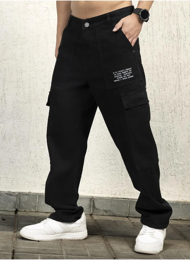 هوبرهولمي Men's Black 100% Cotton Bleached Full Length Tapered Fit Jeans