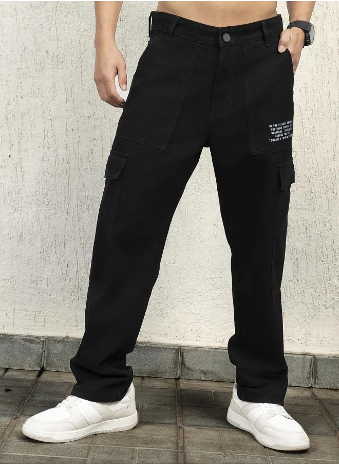 هوبرهولمي Men's Black 100% Cotton Bleached Full Length Tapered Fit Jeans
