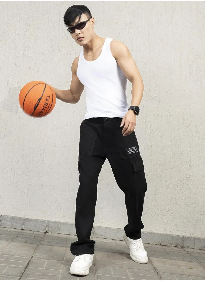 هوبرهولمي Men's Black 100% Cotton Bleached Full Length Tapered Fit Jeans