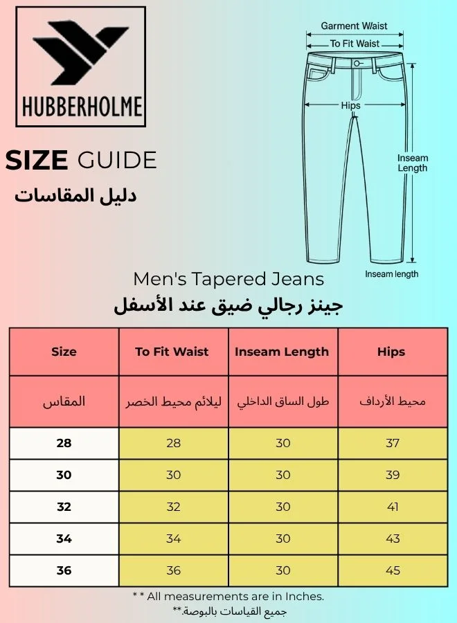 Hubberholme Men's Black 100% Cotton Bleached Full Length Tapered Fit Jeans