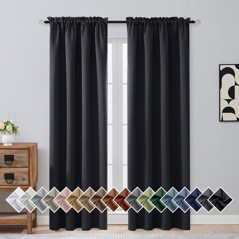 OVZME Black Blackout Curtains for Bedroom 84 Inch Length 2 Panels Set, Soft Fabric Room Darkening Curtains for Living Room, Dual Rod Pocket Design Modern Window Treatment Drapes, 2x40Wx84L Inches - Image 1