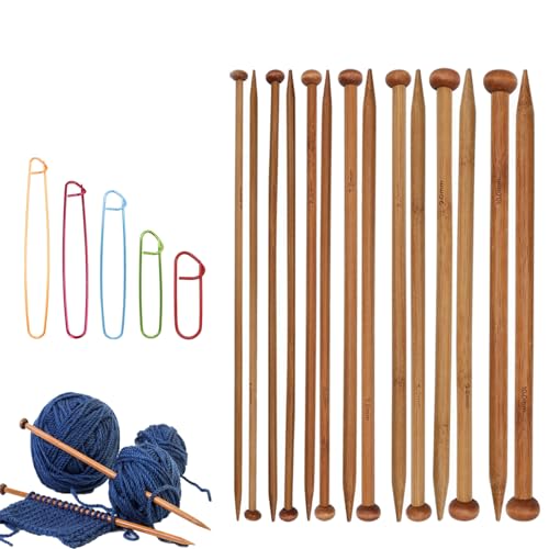 ADULLPONY 7 Pairs Bamboo Knitting Needles Set Bamboo Natural Long Wooden Knitting Needle Single Point Straight Wood Needles Wooden Knittings Needle for Beginners for Making Sweater Shawl Scarf - Image 1