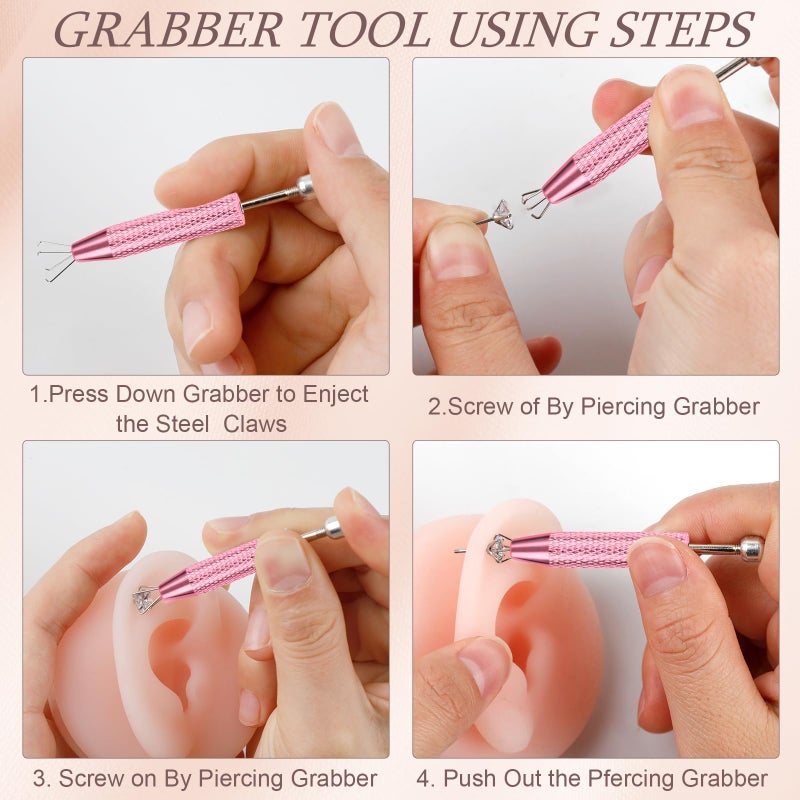 ONESING 2PCS Piercing Ball Grabber Tool for Changing Jewelry, Stianless Steel Flat Back Earring Applicator Internally Threaded Push Pin Piercing Grabber Tool, Anti Slip Gem Ball Grabber Tool-Pink - Image 3