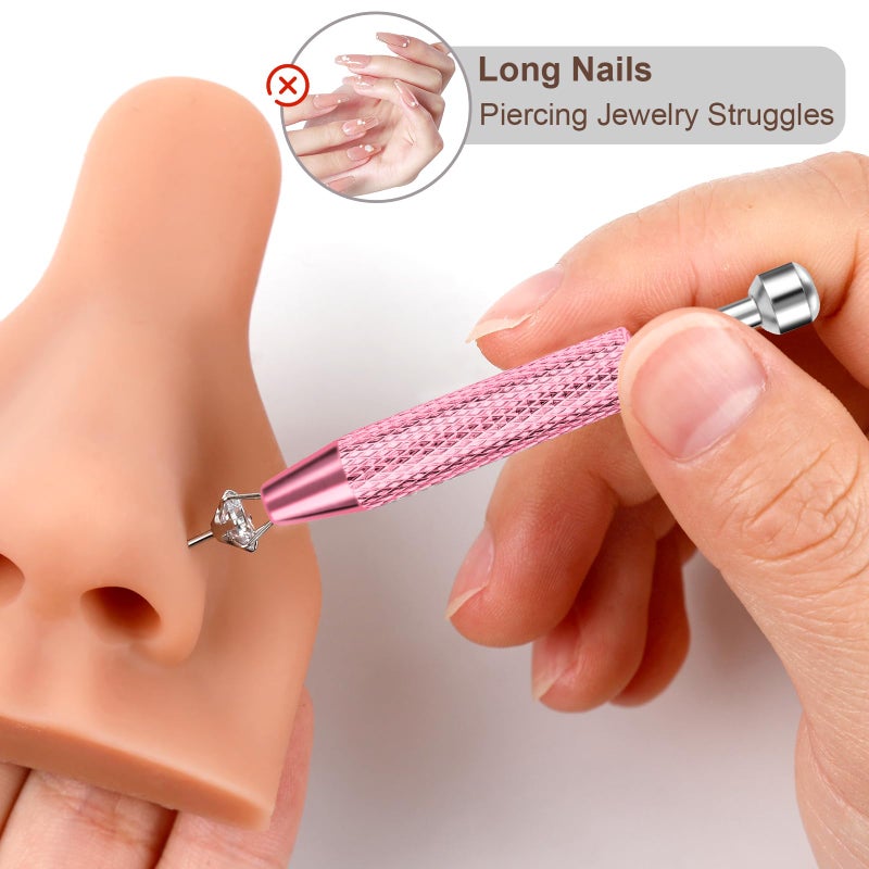 ONESING 2PCS Piercing Ball Grabber Tool for Changing Jewelry, Stianless Steel Flat Back Earring Applicator Internally Threaded Push Pin Piercing Grabber Tool, Anti Slip Gem Ball Grabber Tool-Pink - Image 4