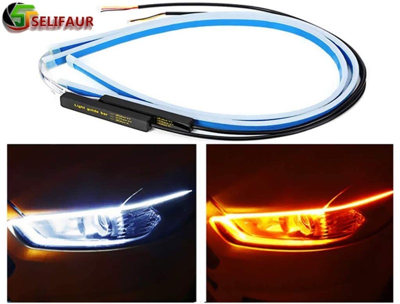 Selifaur - 2PCS 24Inch Ultrafine Waterproof Car DRL LED Daytime Running Lights White Turn Signal Yellow Guide Strip Headlight Assembly for TUV-300 - Image 5