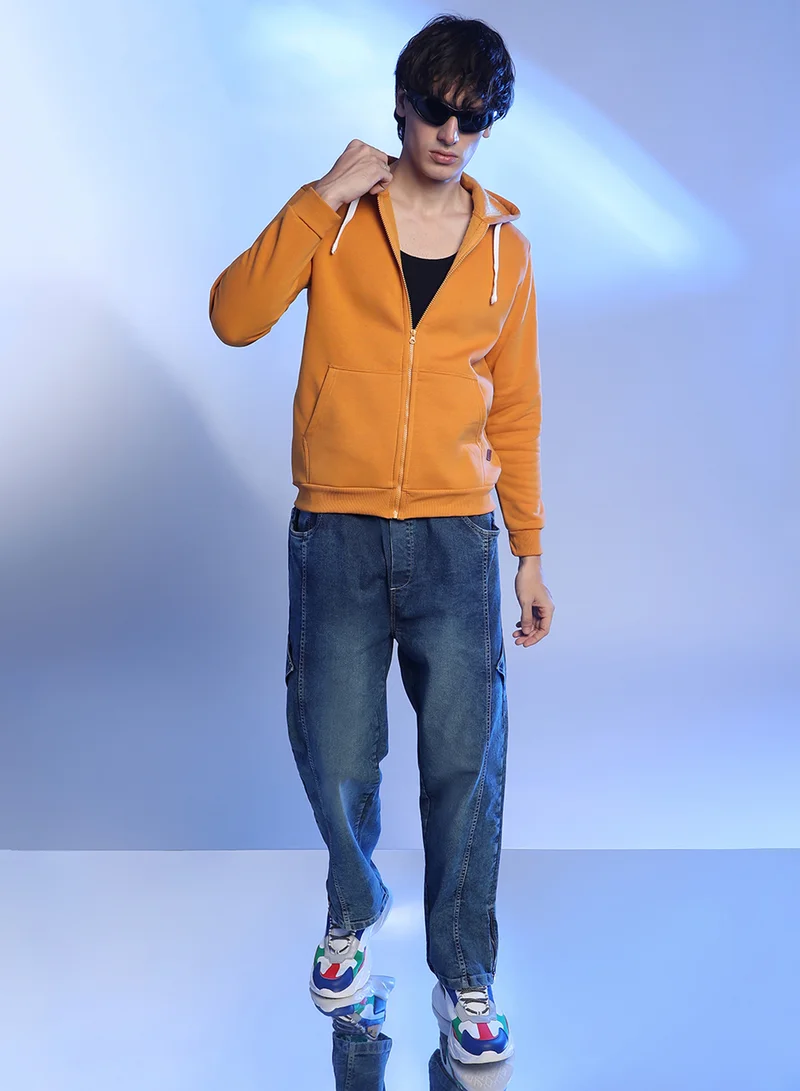 Campus Sutra Men's Mustard Yellow Zip-Front Hoodie With Contrast Drawstring