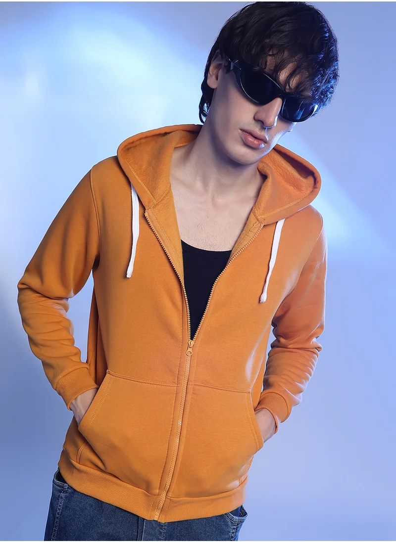 Campus Sutra Men's Mustard Yellow Zip-Front Hoodie With Contrast Drawstring