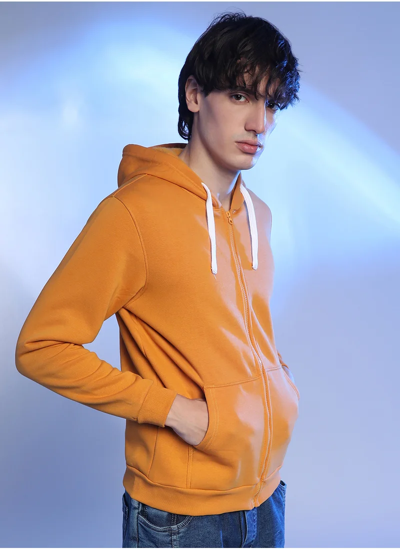 Campus Sutra Men's Mustard Yellow Zip-Front Hoodie With Contrast Drawstring