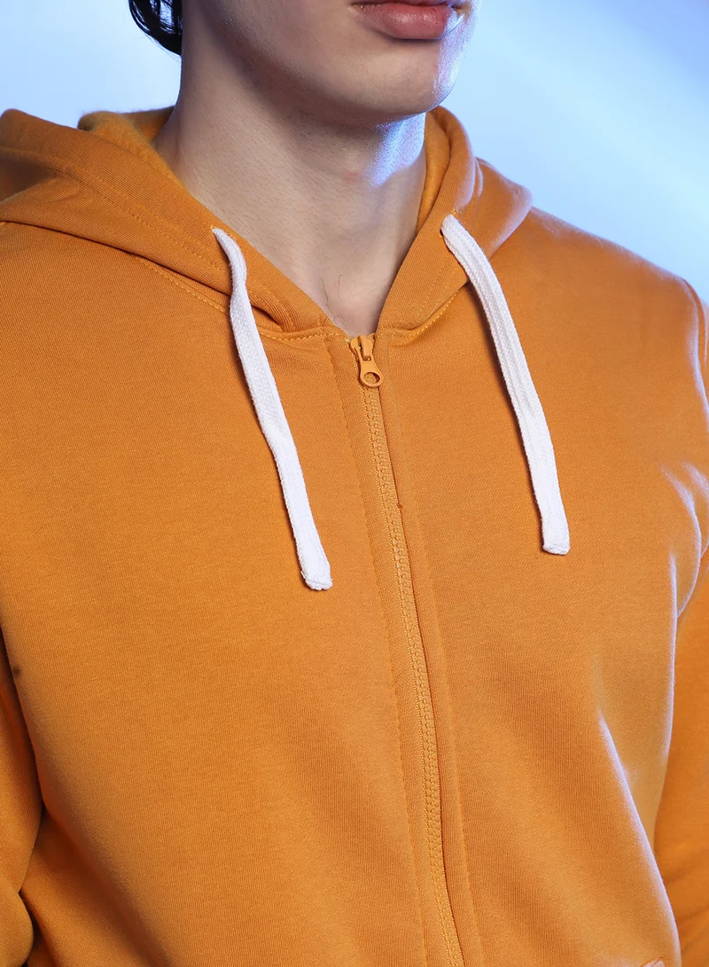 Campus Sutra Men's Mustard Yellow Zip-Front Hoodie With Contrast Drawstring