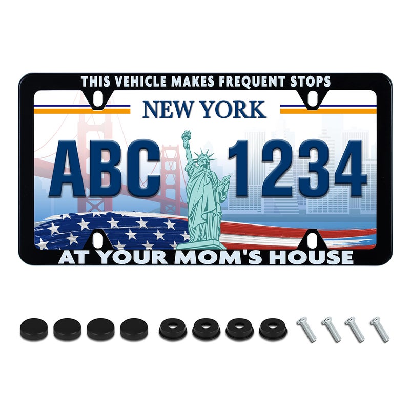UNINDREM Funny License Plate Frame This Vehicle Makes Frequent Stops at Your Moms House License Plate Holder Humorous Text Stainless Steel Auto Parts Decoration with Screws for Men Women - Image 3