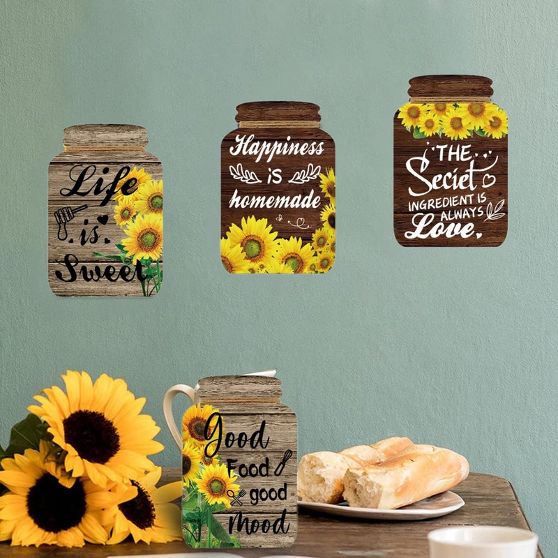 YILOUR 4 Pieces Kitchen Wall Decor Mason Jar Set, Wooden Kitchen Dining Room Signs Country Wall Art Farmhouse Tiered Tray Decor 7.1 * 4.7Inch (Sunflower) - Image 4