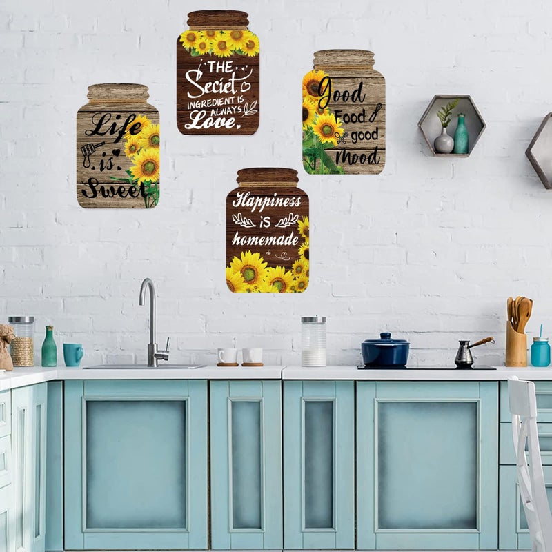 YILOUR 4 Pieces Kitchen Wall Decor Mason Jar Set, Wooden Kitchen Dining Room Signs Country Wall Art Farmhouse Tiered Tray Decor 7.1 * 4.7Inch (Sunflower) - Image 3