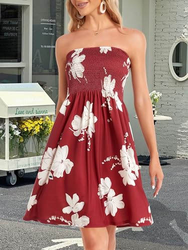 CHICGAL فساتين صيفية للنساء عادية للشاطئ بدون أكتاف تغطيات Tops أنبوبية فساتين مكشوفة الأكتاف (أحمر نبيذي، M) - Image 3