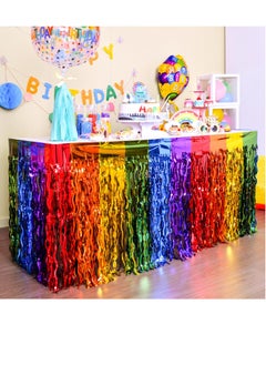 Excefore Rainbow Party Decorations, Rainbow Wavy Table Skirt Party Decorations, 2 Pack Metallic Tinsel Foil Fringe Table Skirts, Perfect Table Decors for Birthday, Holiday, Wedding, Engagement, Bridal Shower  - Image 1