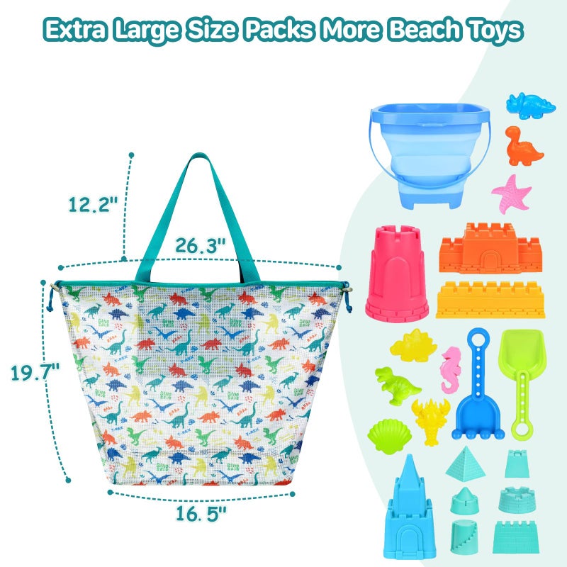 BrainyBees Extra Large Beach Toy Bag with Drawstring - Lightweight Mesh Tote Bag for Sand Toys, Beach Swinmming Pool Essentials, Dino Green - Image 3