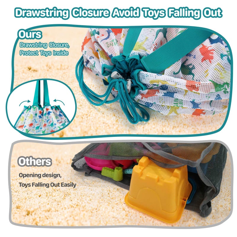 BrainyBees Extra Large Beach Toy Bag with Drawstring - Lightweight Mesh Tote Bag for Sand Toys, Beach Swinmming Pool Essentials, Dino Green - Image 4