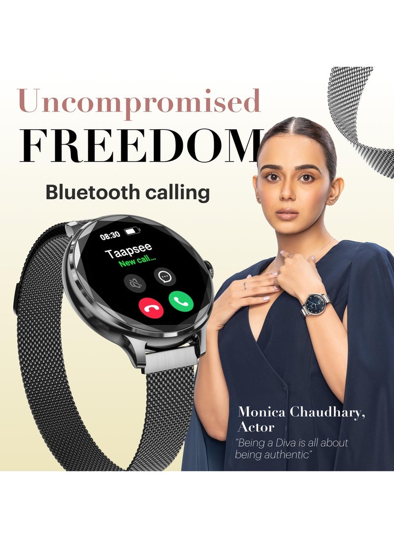 Noise Diva Smartwatch with Diamond Cut dial, Glossy Metallic Finish, AMOLED Display, Mesh Metal and Leather Strap Options, 100+ Watch Faces, Female Cycle Tracker Smart Watch for Women (Black Link)  - Image 5