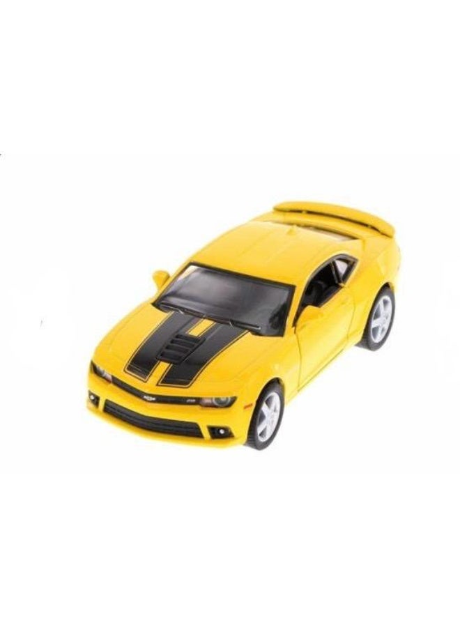 Kinsmart 2014 Chevrolet  Camaro  1:38 Scale Die-Cast Model Car with Pull Back Action & Openable Doors – Yellow with Black Stripes - Image 1
