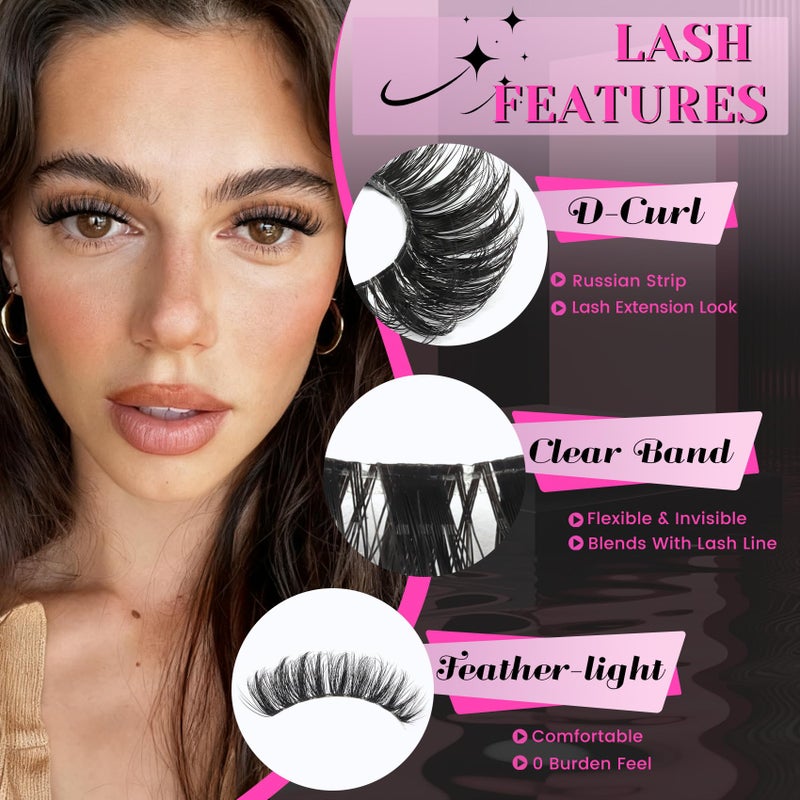 Veleasha Russian Strip Lashes with Clear Band Looks Like Eyelash Extensions D Curl Lash Strips 10 Pairs Pack (DT05) - Image 2