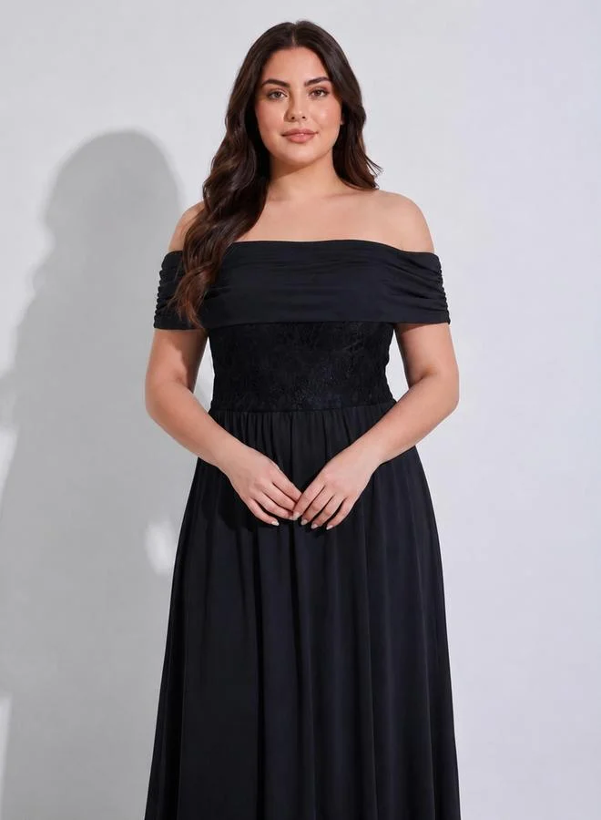 Styli  Lace Off Shoulder A-Line Maxi Dress for Women | Best Price UAE
