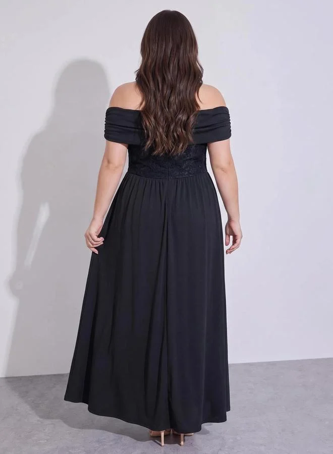 Styli  Lace Off Shoulder A-Line Maxi Dress for Women | Best Price UAE