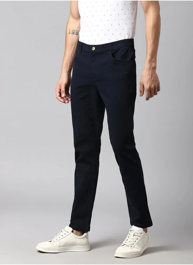 دينيس لينغو Navy Tapered Fit Solid Trouser for Men - Cotton Lycra, Full Length, Button & Zip, Mid Rise, Casual