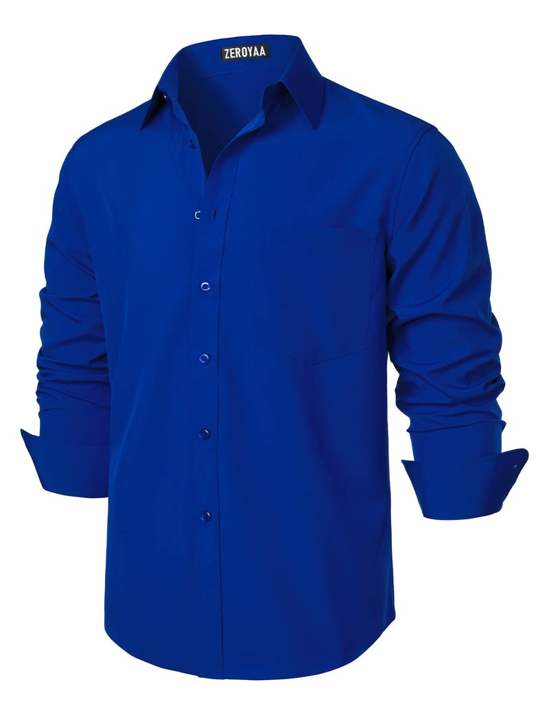 ZEROYAA Men's Regular Fit Dress Shirt Solid Wrinkle-Free Long Sleeve Casual Business Button Up Shirts with Pocket ZSSCL05-Royal Blue Large - Image 2