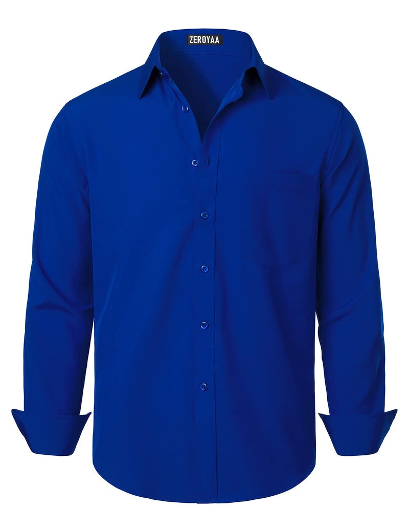 ZEROYAA Men's Regular Fit Dress Shirt Solid Wrinkle-Free Long Sleeve Casual Business Button Up Shirts with Pocket ZSSCL05-Royal Blue Large - Image 1