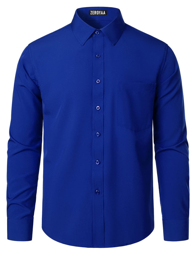 ZEROYAA Men's Regular Fit Dress Shirt Solid Wrinkle-Free Long Sleeve Casual Business Button Up Shirts with Pocket ZSSCL05-Royal Blue Large - Image 4