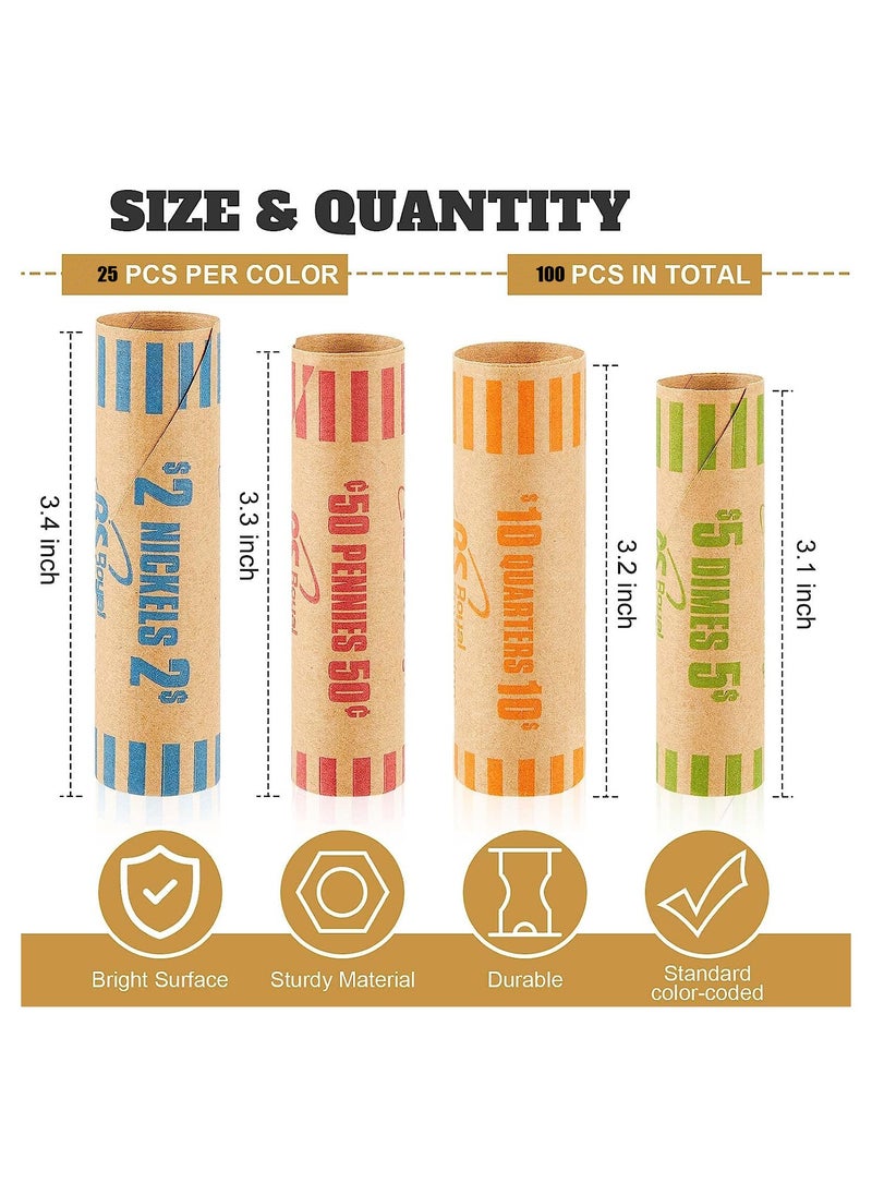 KASTWAVE - Coin Wrappers Rolls, Coin Rollers Durable Preformed Paper Tubes, Assorted Sizes Quarters, Nickels, Dimes and Penny, Coin Wrappers Quarters for Bank and Office (100 Pcs) - Image 1